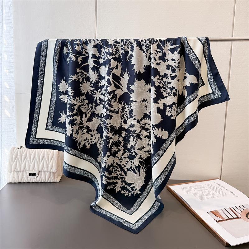 Fashion Imitation Silk Large Square Scarf Retro Flower Printing Professional Versatile Shawl Diagonal Silk Pattern Scarf Headscarf Women