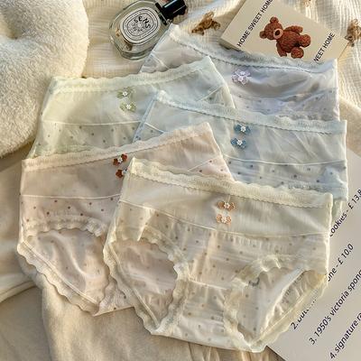Women's Lace Polka Dot Sexy Breathable Cotton Crotch Mid Waist Briefs Underwear