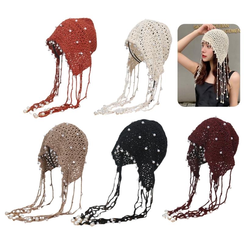 Elegant Pearls Beanie Hat Breathable Hat Y2K Crochet Beanie Hat Holiday Y2K Crochet Hat Encrusted Pearls