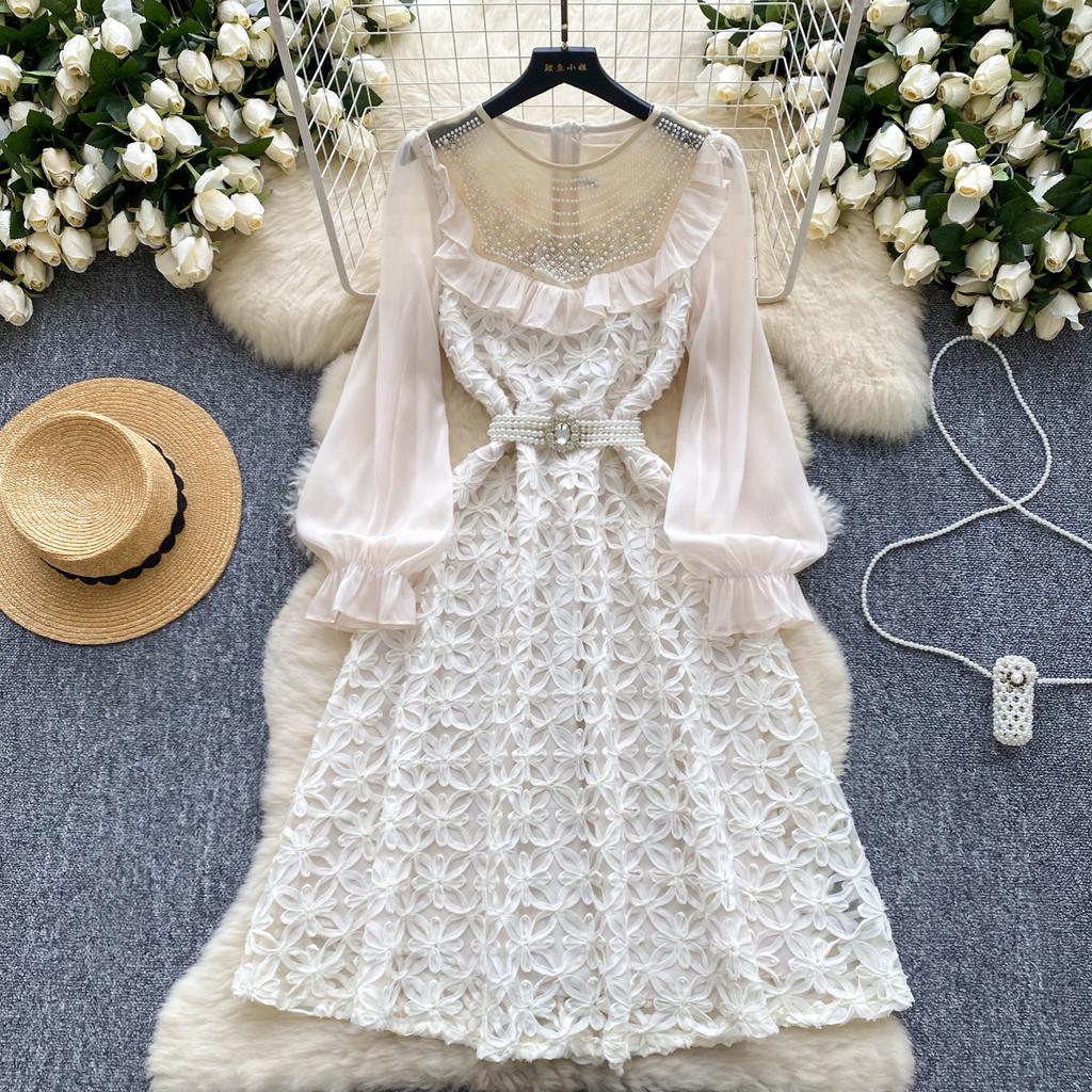 Autumn New Slimming Knee-length Elegant Mesh Dress for Women Luxury Beaded Flower Embroidery Peral Belt Slim Party Dress