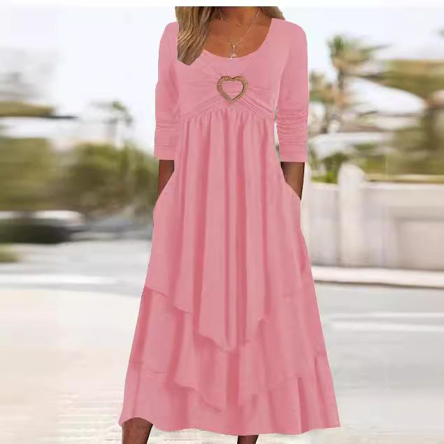 In Stock: 2026 Spring/Autumn European-American Waist-Cinching Casual Dress with Heart Detail and Tiered Hem