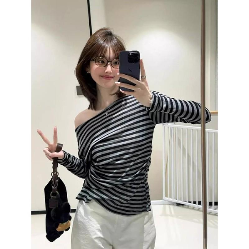 Womens Striped Long Sleeve Off-Shoulder Top Cotton Blend Lightweight Cover-Up Fall Small