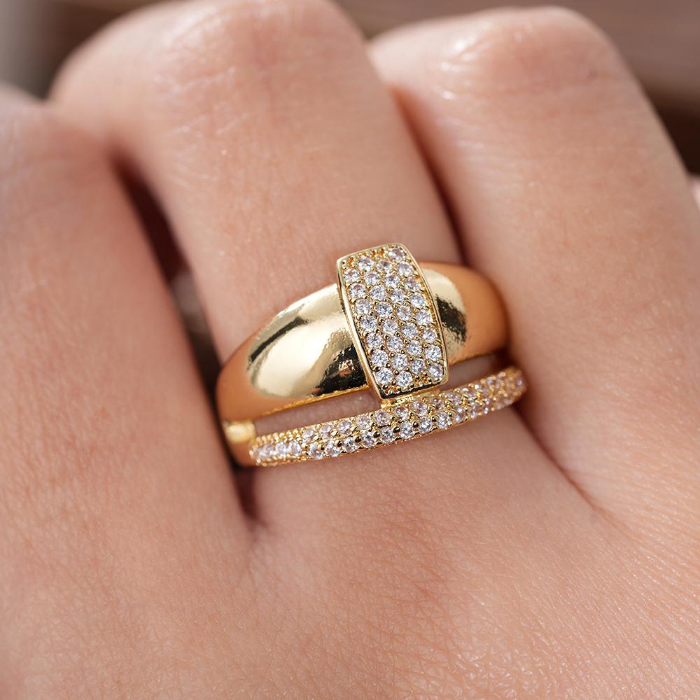 Huitan Geometric Design Women Ring Gold Color Noble Wedding Engagement Accessories Special Elegant Jewelry for Party with CZ