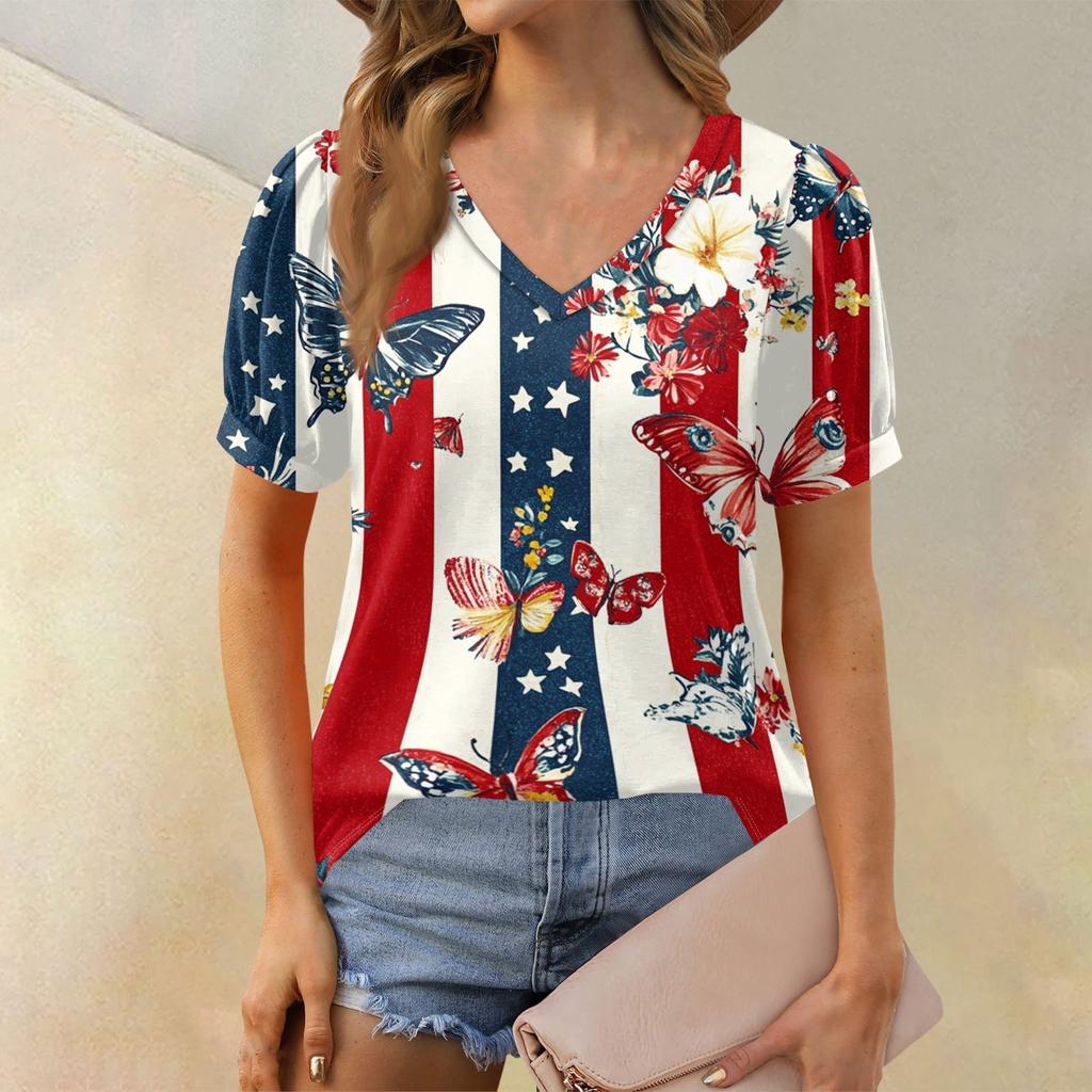 Women's Fashion Independence Day Print Top Puff Short Sleeve V-neck T-shirt Loose Casual T-shirt
