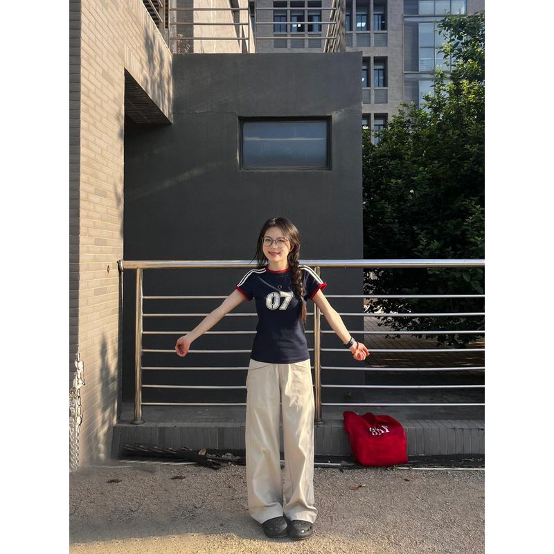 

American Retro Contrast Color Stripes Patchwork Short-Sleeved T-shirt Female Summer Silm Slim Looking Sweet Sexy All-Matching Graceful Tops Navy M