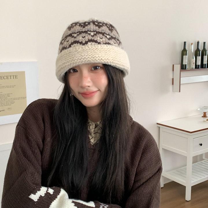 Hat Women's Winter Wool Blended Retro Knitted Wool Bucket Hat New Versatile Jacquard Warm Pot Hat