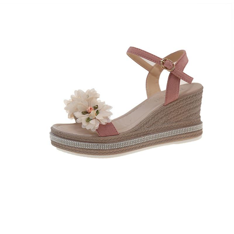 

сандалии на платформе с губчатой подошвой и скошенным каблуком, женские летние новые женские туфли, модные сандалии на платформе с цветком на одной пуговице 43 розовый