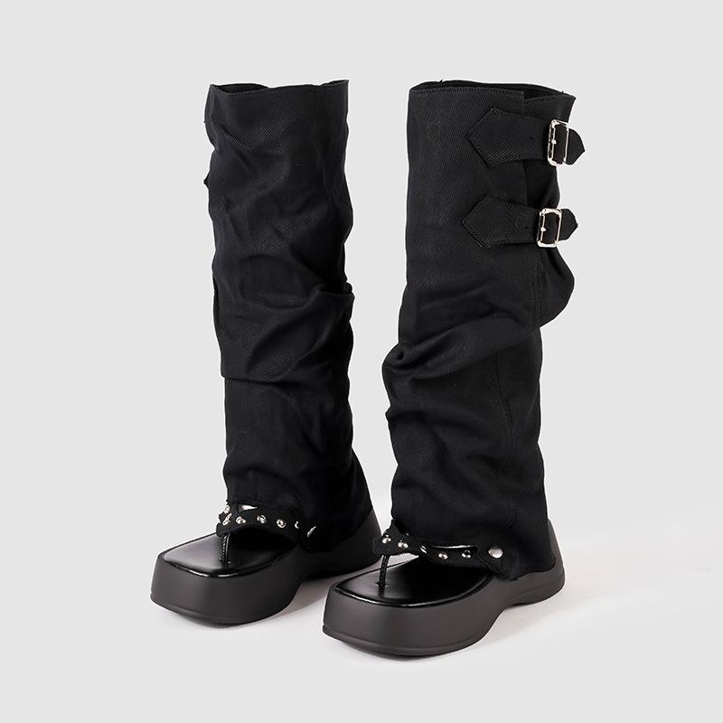 

Thick-soled retro two-wear toe stacking boots women s spring new herringbone high sandals trouser tube boots tide 40 чёрный