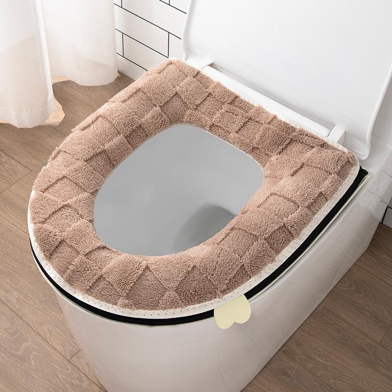 Thickened Plush Checkered Toilet Seat Cushion with Zipper, Winter Home Toilet Mat, Comfortable for Long Sitting Without Pressure