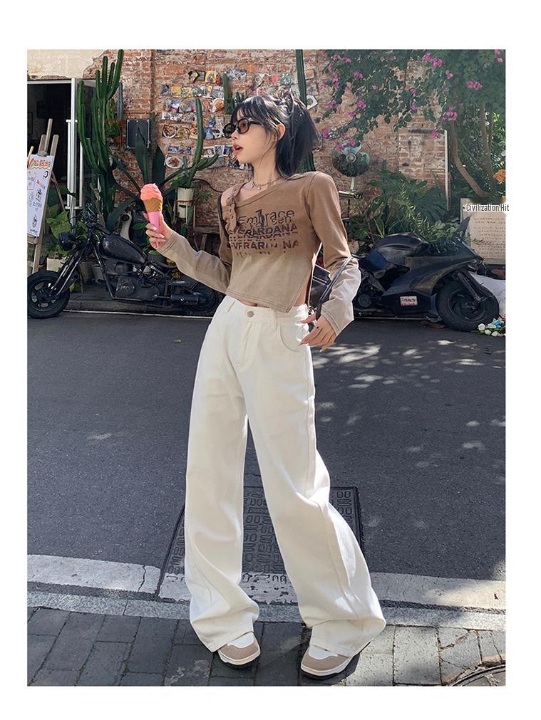 2024 Spring Women's High-Waisted White Wide-Leg Floor-Length Jeans
