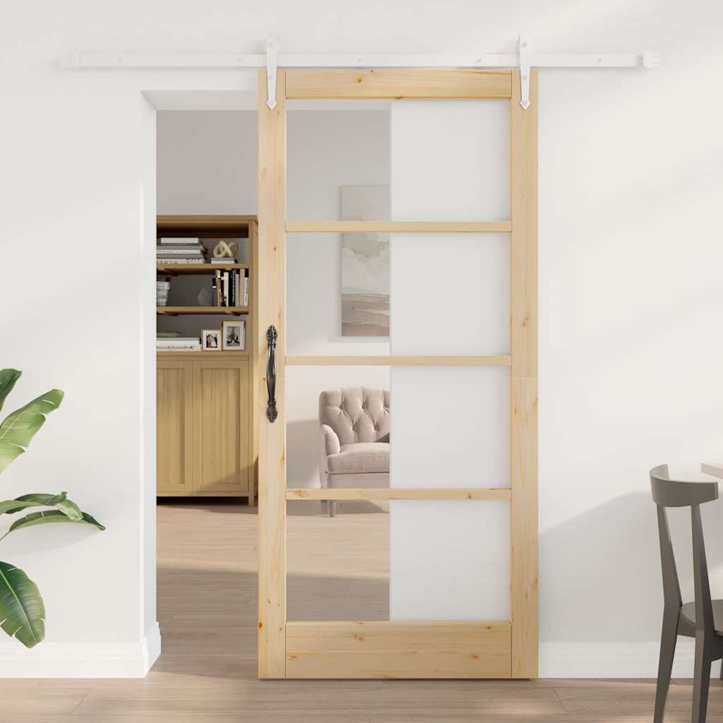 Sliding Door Natural 93 X 202 Cm Solid Pine Wood and Glass