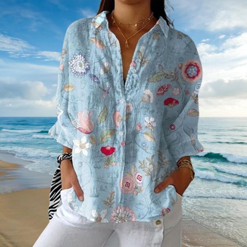 Women's Winter Fashion Light Blue Floral Long-Sleeve Top