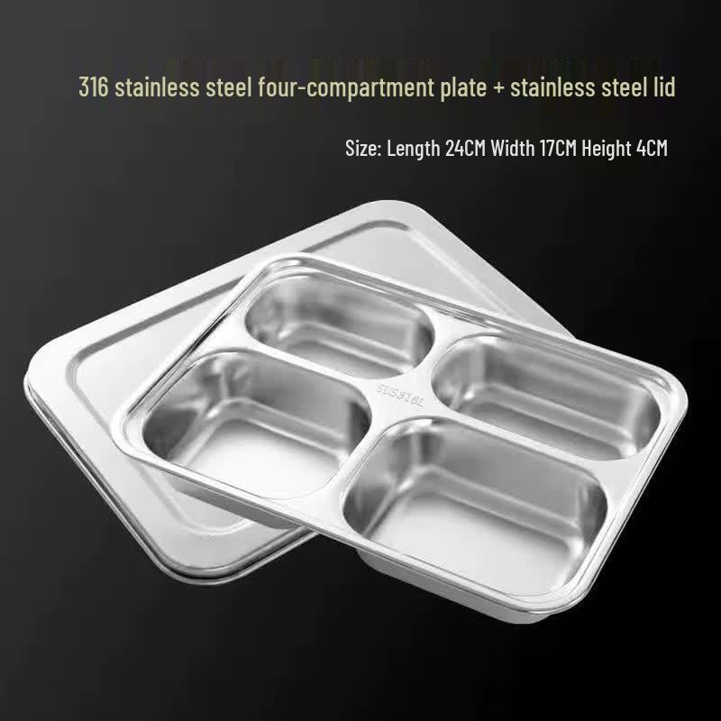 HANDUNYOU 316 Stainless Steel Deep 4-Compartment Divided Lunch Plate