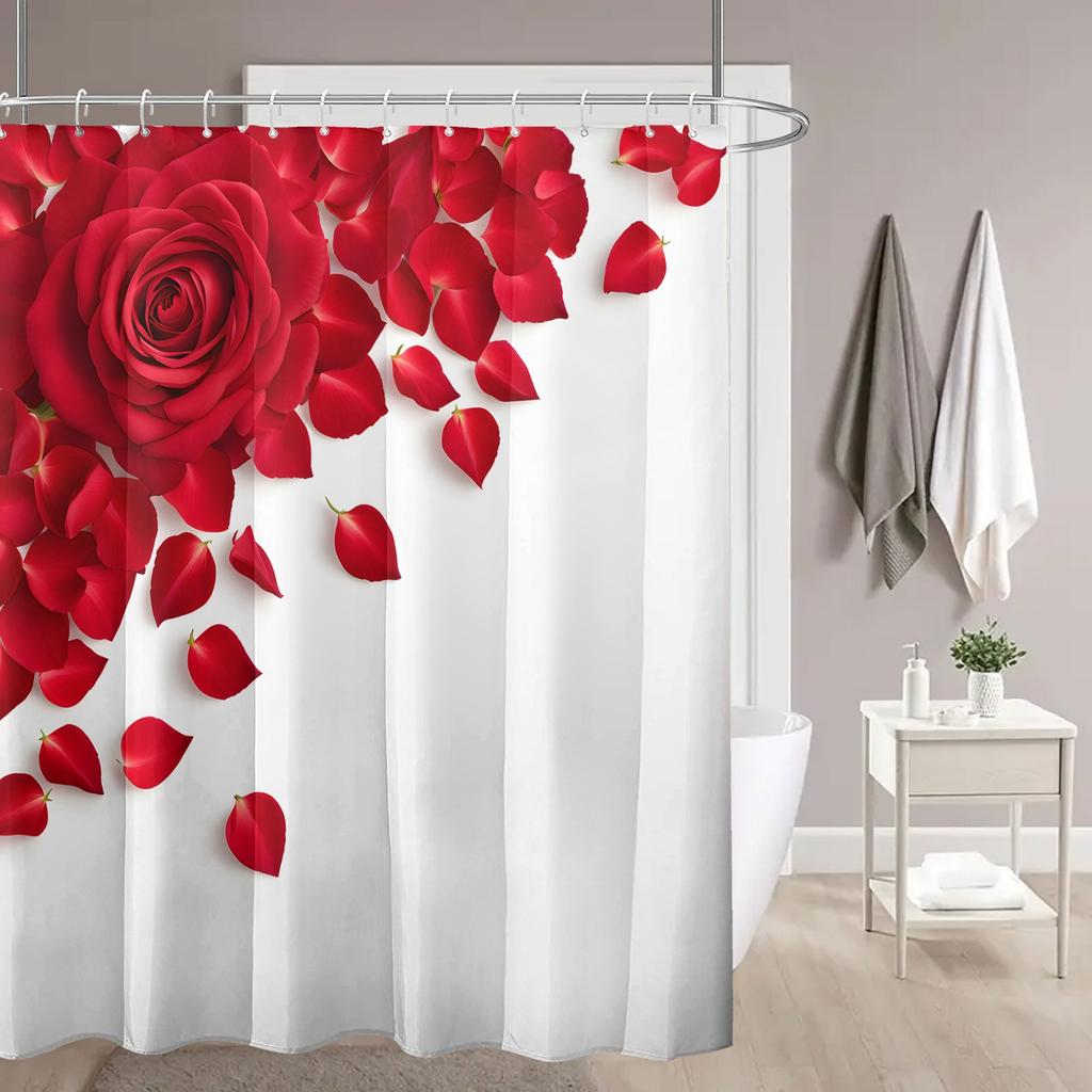 Einfache rote Rosenblätter Duschvorhang Waschbar Schmutzabweisend Duschkopf Wasserdicht Polyester Badvorhang für Heimdekoration
