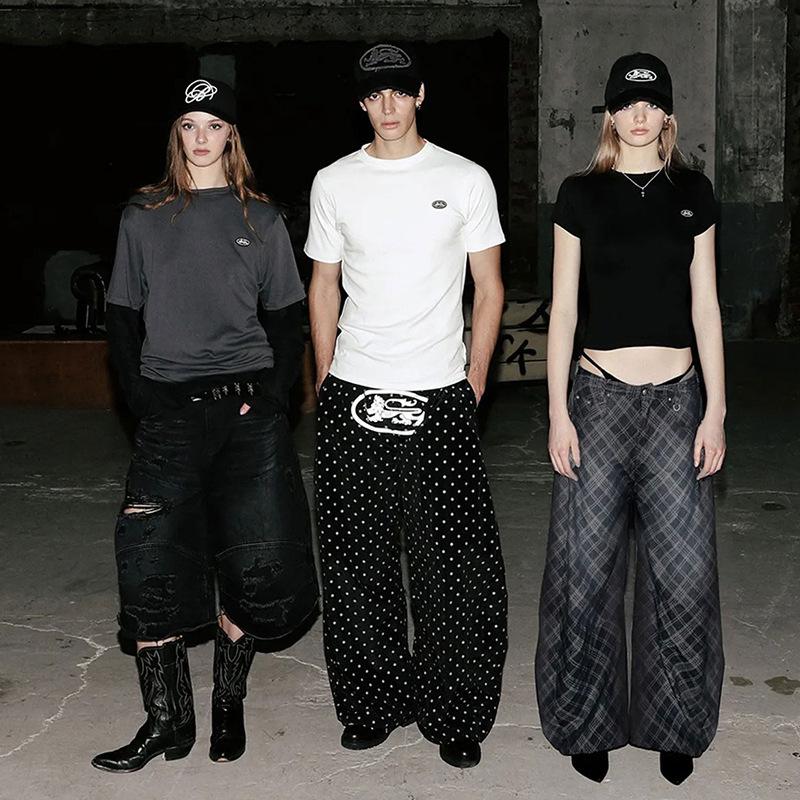 Jeans en Denim Large à Carreaux Rétro Badblood BCAC Coréen pour Femmes