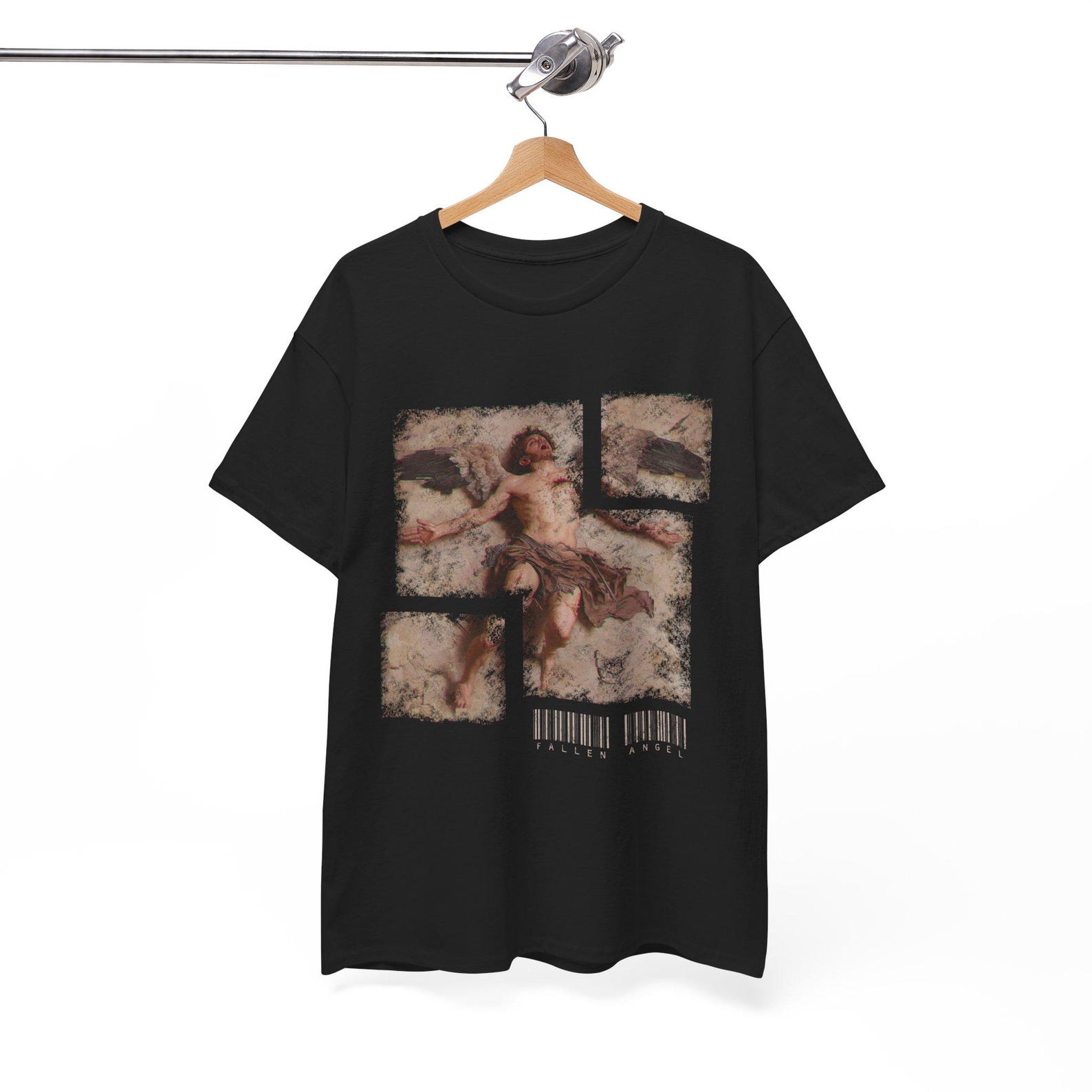 Fallen Angel Alternative Graphic Tee, Renaissance Art Barcode Tee, Unisex Cotton Top, Gothic Chic Shirt, Artistic Angel Shirt, distressed 2XL