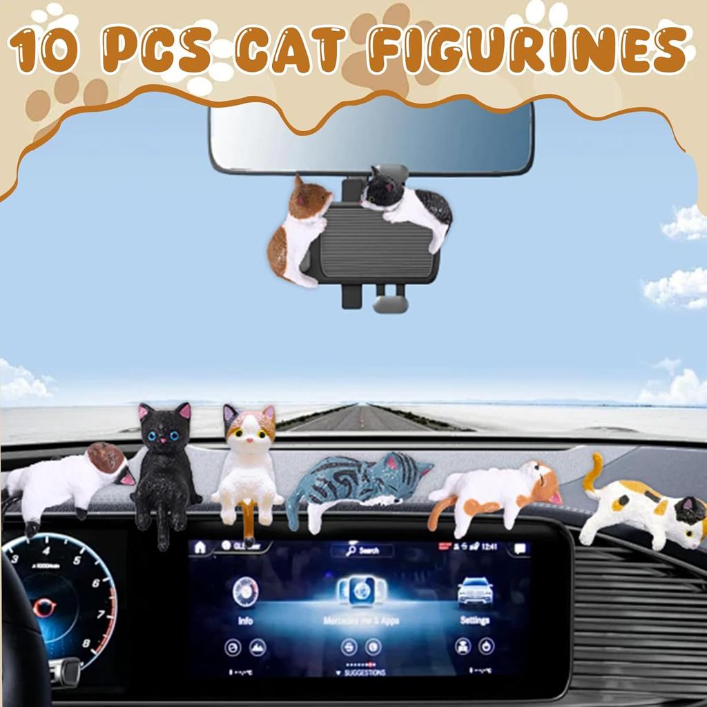 Exasinine 10Pcs Mini Cat Car Interior Accessories Decorations Cute Cat Car Dashboard Decor Funny Rear View Mirror Gift