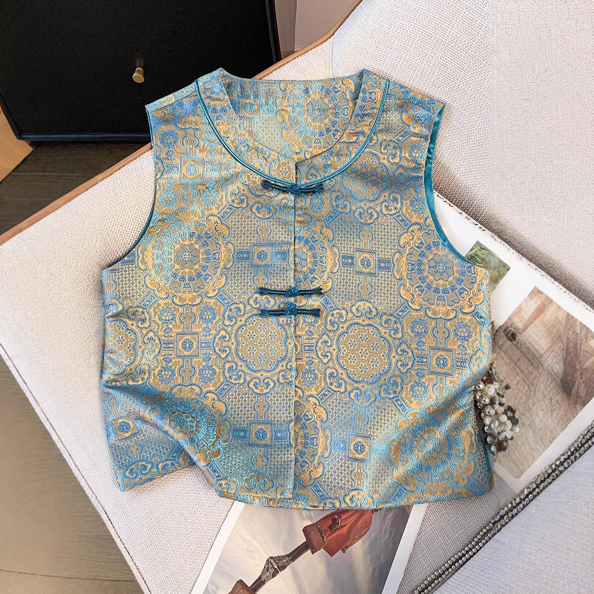 

Lake Blue Retro Chinese Stand Collar Sleeveless Vest for Women M озеро синий