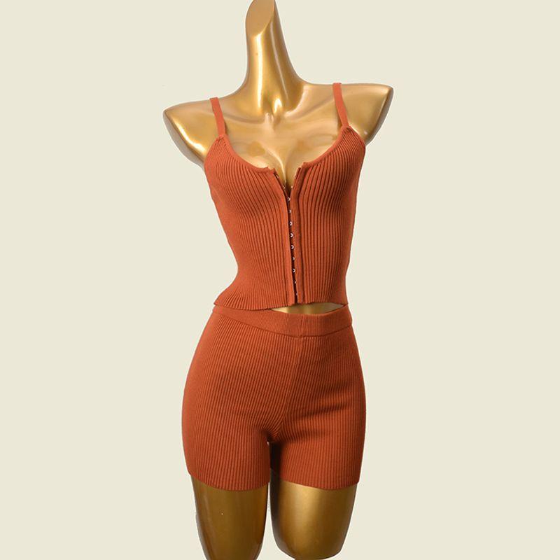 

Fashion Style Sexy Metal Buckle Camisole + Thread Shorts Fashion Knit Two-Piece Suit Orange M