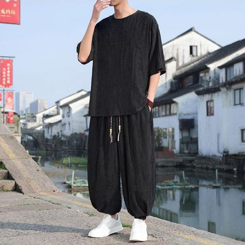 

Men s Chinese Style Linen Co-ord Set Oversized Jacquard T-Shirt & Harem Pants Two Piece Outfit XXXXXL чёрный