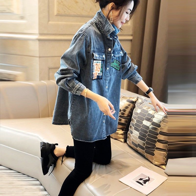 Vintage Blue Denim Shirt Women Loose Fit Korean Style Casual Stand Collar Blouse Spring Autumn Fashion
