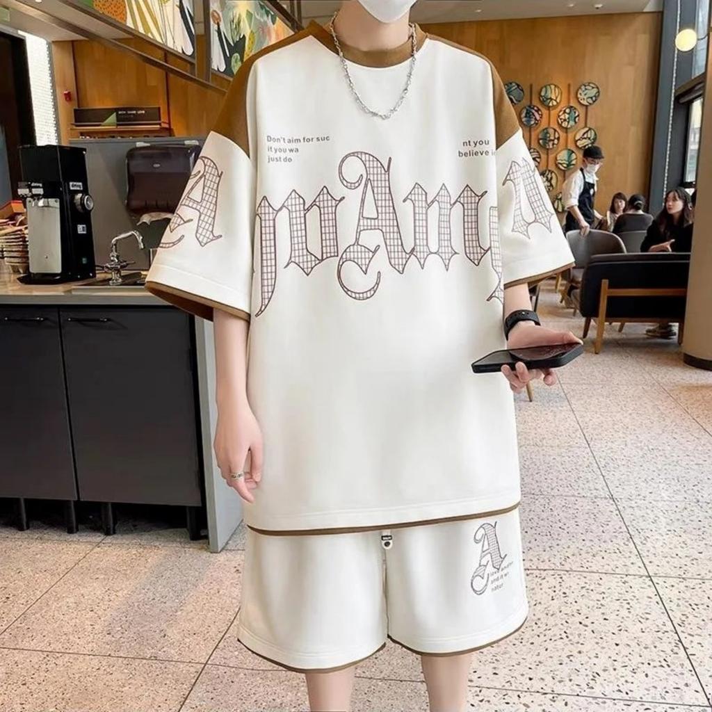 Summer Men's Fashion Personality Letter Printed Short Sleeved Shorts Two-piece Set Outdoor Sports Breathable T-shirt Set