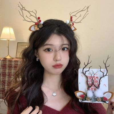Christmas Deer Hair Clips for Women, Fairy Forest Elf Antler Headband, Fuzzy Pair Clips for Photos, Xmas Gift Accessories