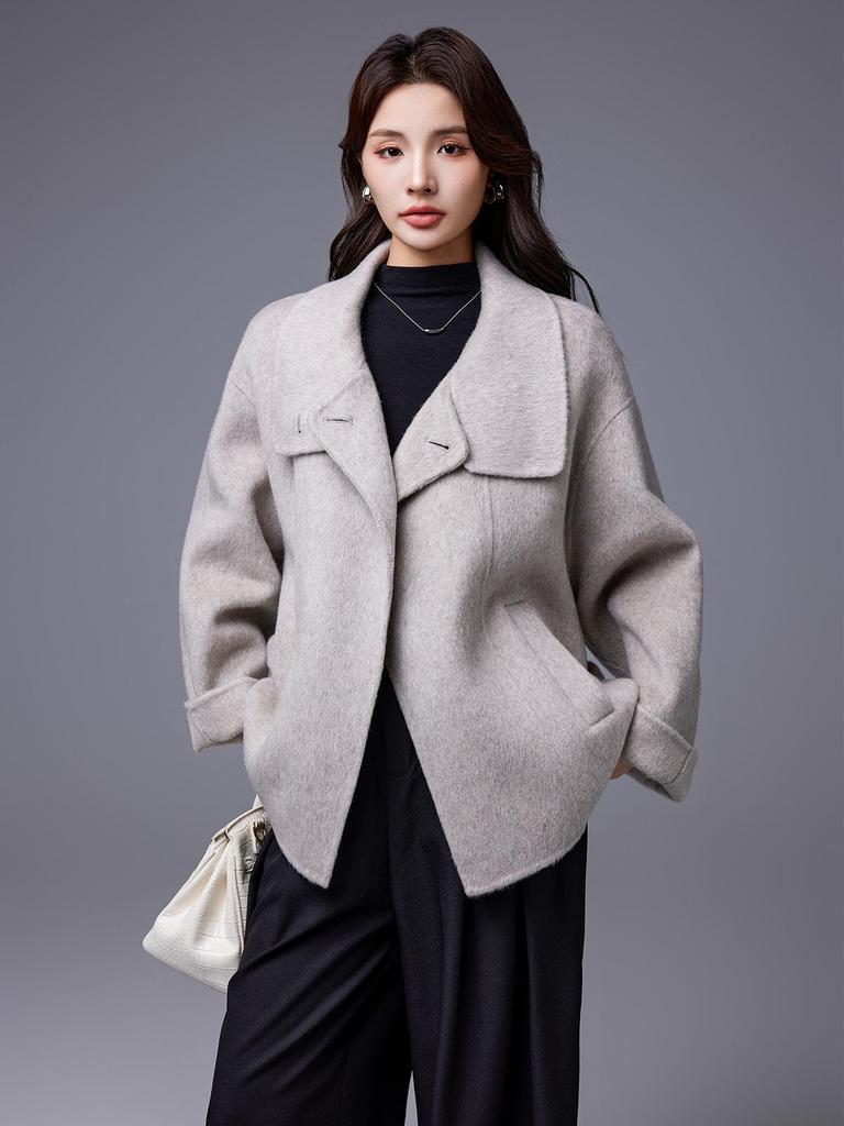 Yak Wool Elegant Double-Sided Coat with Stand Collar and Belted Lapel