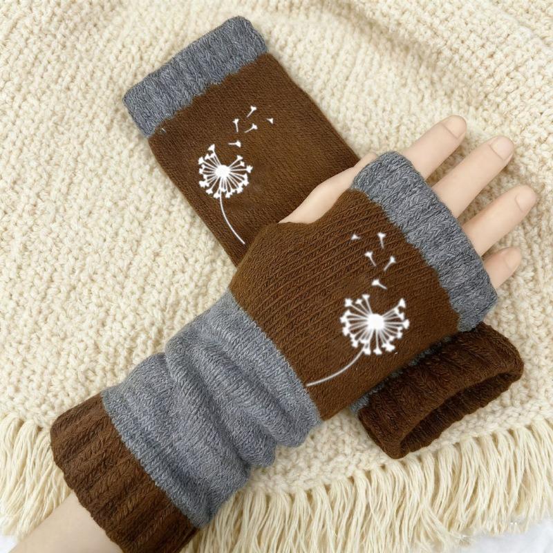 Gants en tricot sans doigts avec broderie de chat et patchwork, Gants décontractés ouverts aux doigts tendance pour femme, Mitaines chaudes d'hiver sans doigts