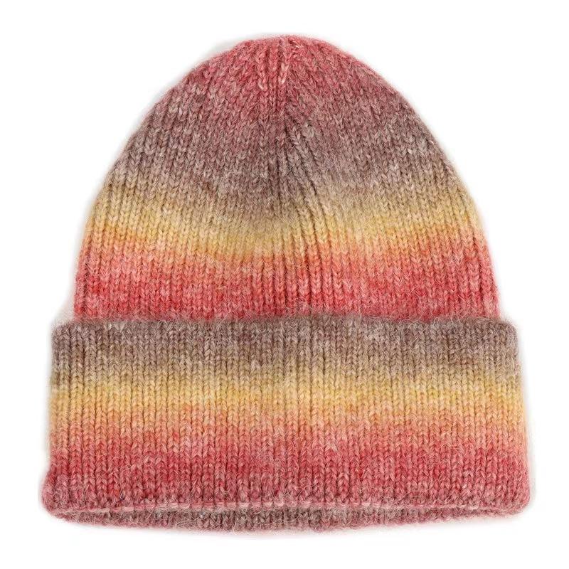 High Quality Unisex Tie-Dye Gradient Knitted Beanie Hat New Rainbow Thick Striped Winter Hat