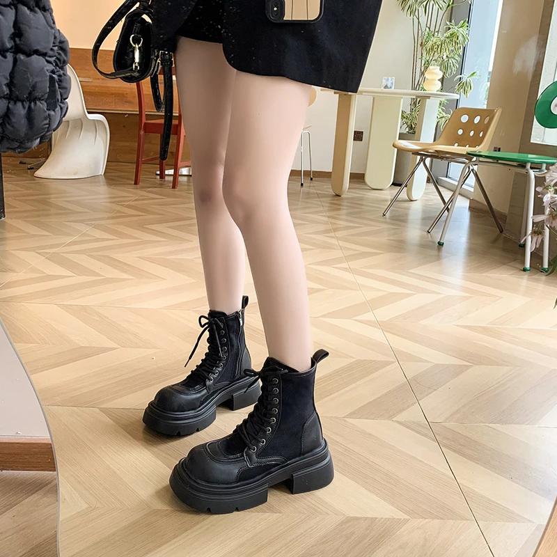 Fashion 2024 New Internet Famous Lace Up Fashion Boots for Women Round Toe Side Zipper Thick Soled Casual Knight Boots Plus Size 40