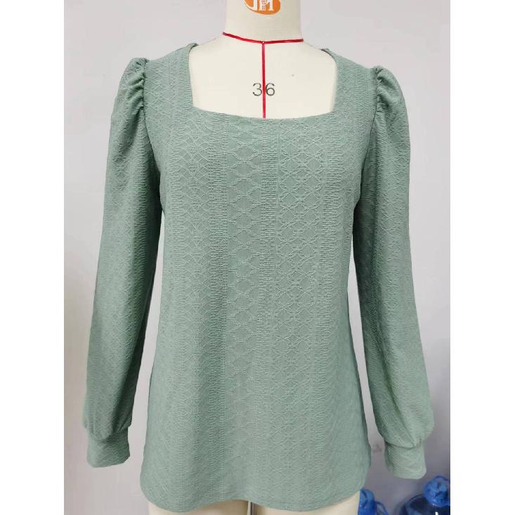 2024 European And American Autumn/Winter New Solid Color Square Collar Jacquard Long Sleeve Loose T-Shirt Top For Women