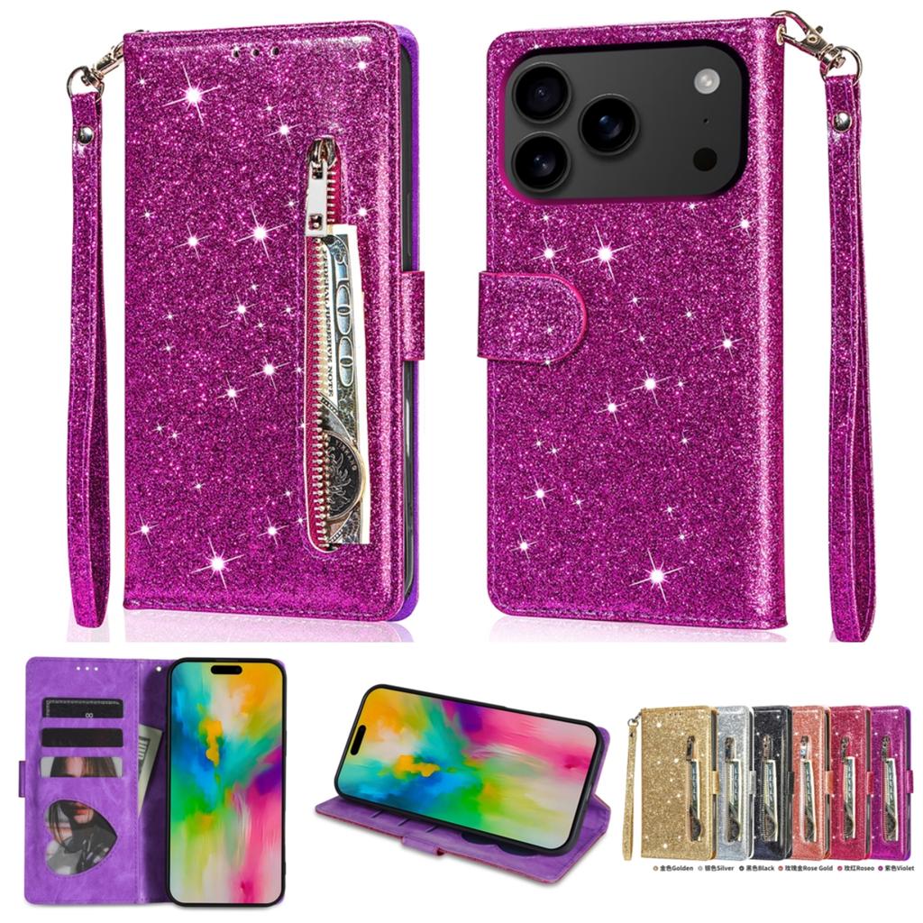 Reißverschluss Glitzer Leder Hülle für iPhone 17 Air 16 16E 15 14 13 12 11 Pro Max XS Max XR 8 7 Plus SE Flip Bling Geldbörse Handyhülle