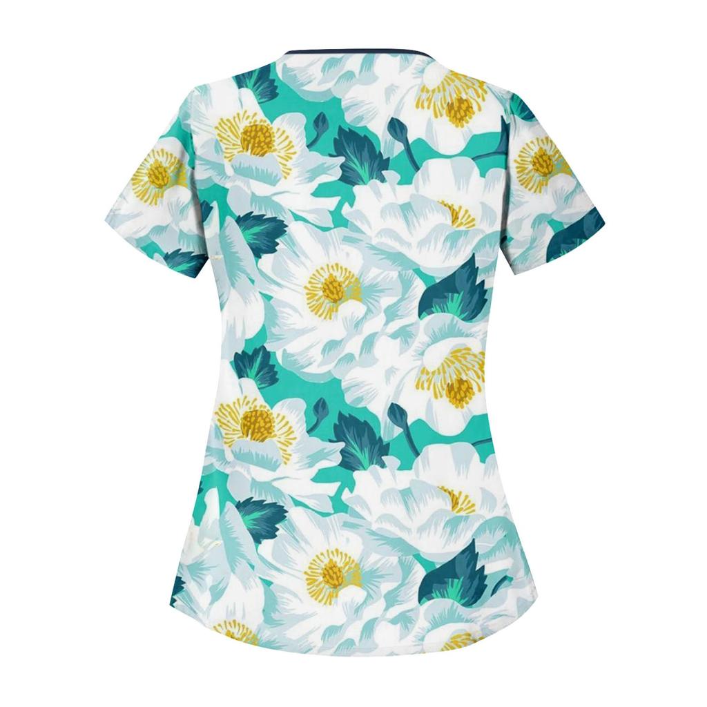 Women's Fashion Flower Printed  Short Sleeve Care Workwear With Double Pockets Top