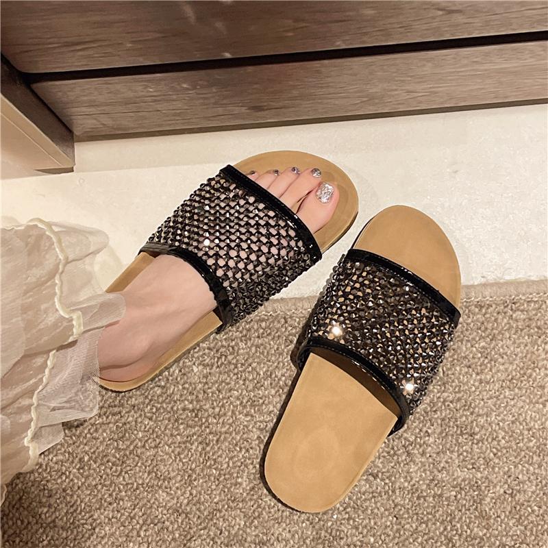 Women Flat Slippers Bright Rhinestone Sandals Mesh Designer Luxury Beach Shoes Outdoor Walking Slippers Ladies Slides Women