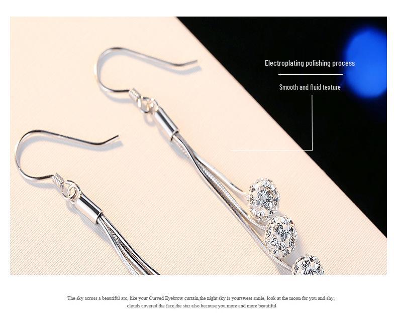 925 Sterling Silver Slim Long Tassel Rhinestone Ball Earrings for Women - Korean Fashion Dangle, Elegant & Versatile