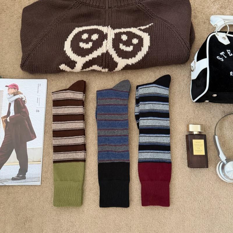 Color-block socks for women, autumn/winter vintage color-blocked striped calf socks, INS trendy Melard long leg cuff socks