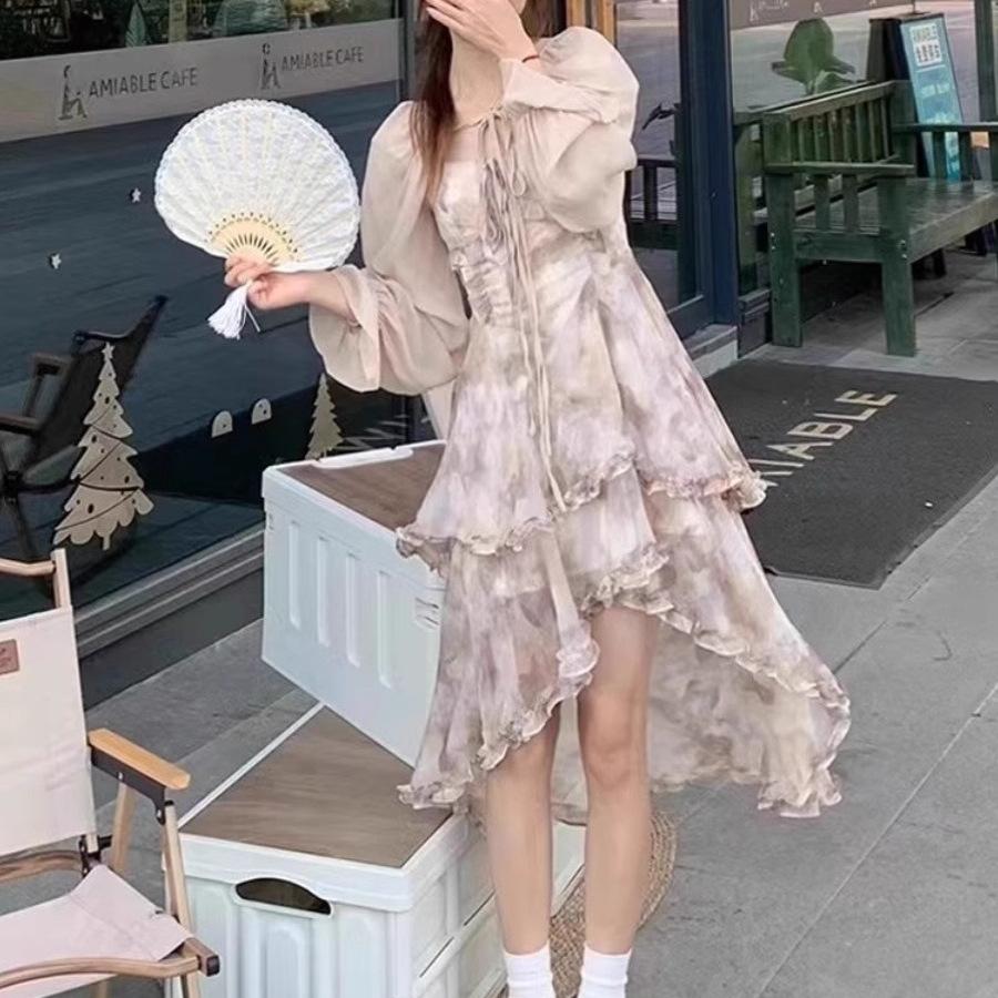 Tie-dye suspender dress temperament fairy dress floral long dress + sweet chiffon cardigan two-piece summer suit XS