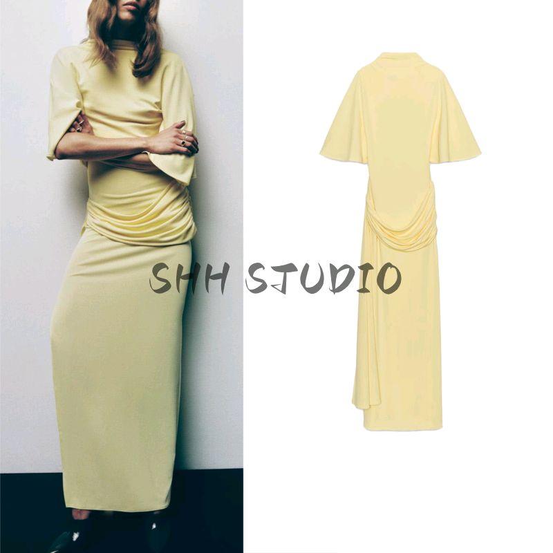 Autumn New Women's Clothing Minimalist Style Turtleneck Short Sleeve Open Back Laminated Decoration Long Dress 4661209