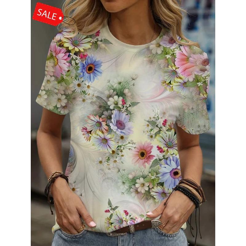 T-Shirts for Floral Cartoon 3D Print Women Summer Fashion Round Neck Short Sleeve Tee Female Clothing Y2K Streetwear