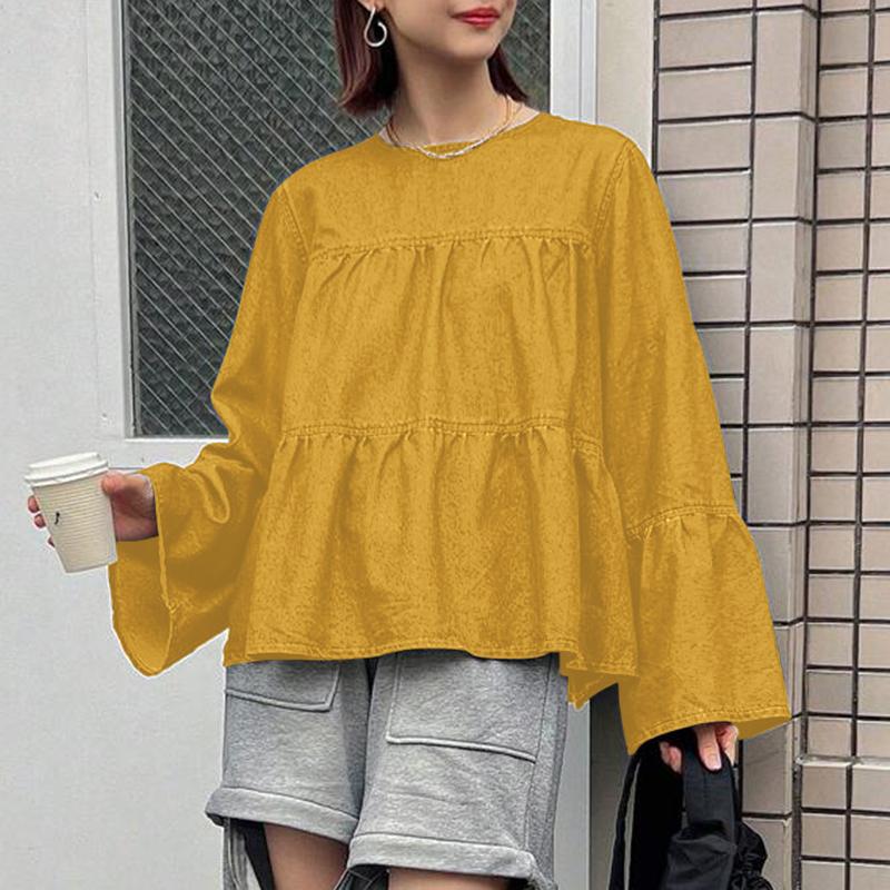 ZANZEA Women Casual Solid Color Round Neck Long Sleeve Blouses