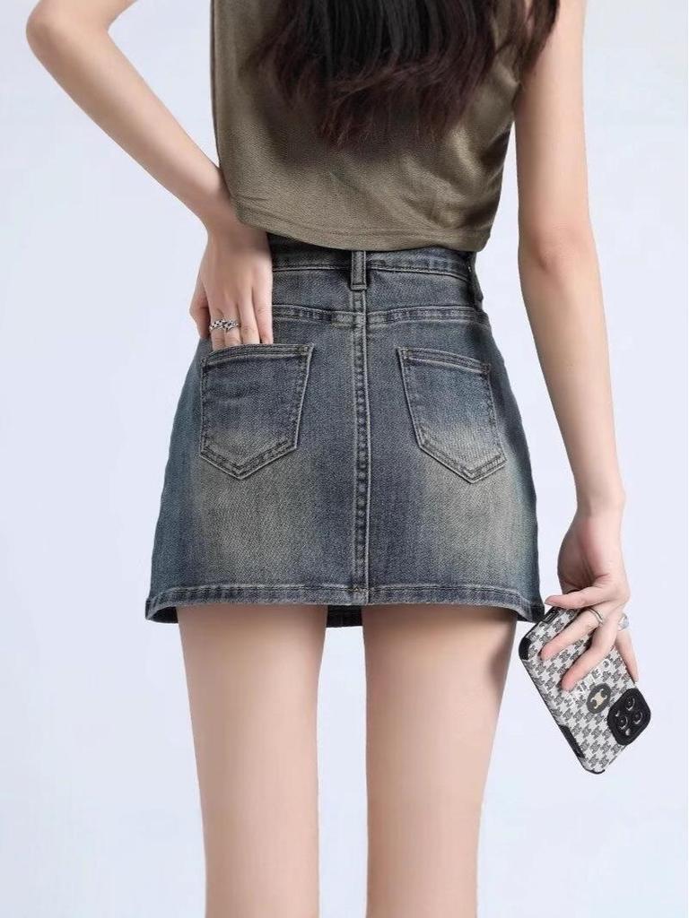 2025 Retro Spicy Girl High Waist A-Line Denim Mini Skirt - Anti-Exposure, Bodycon Fit