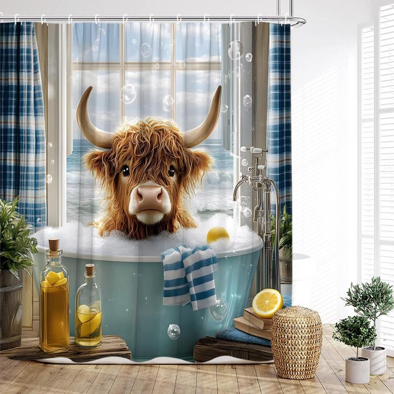 Funny Bathing Highland Cattle Shower Curtains Blue Bathtub Bath Curtain Window Ocean Landscape Bathroom Decoration with Hooks