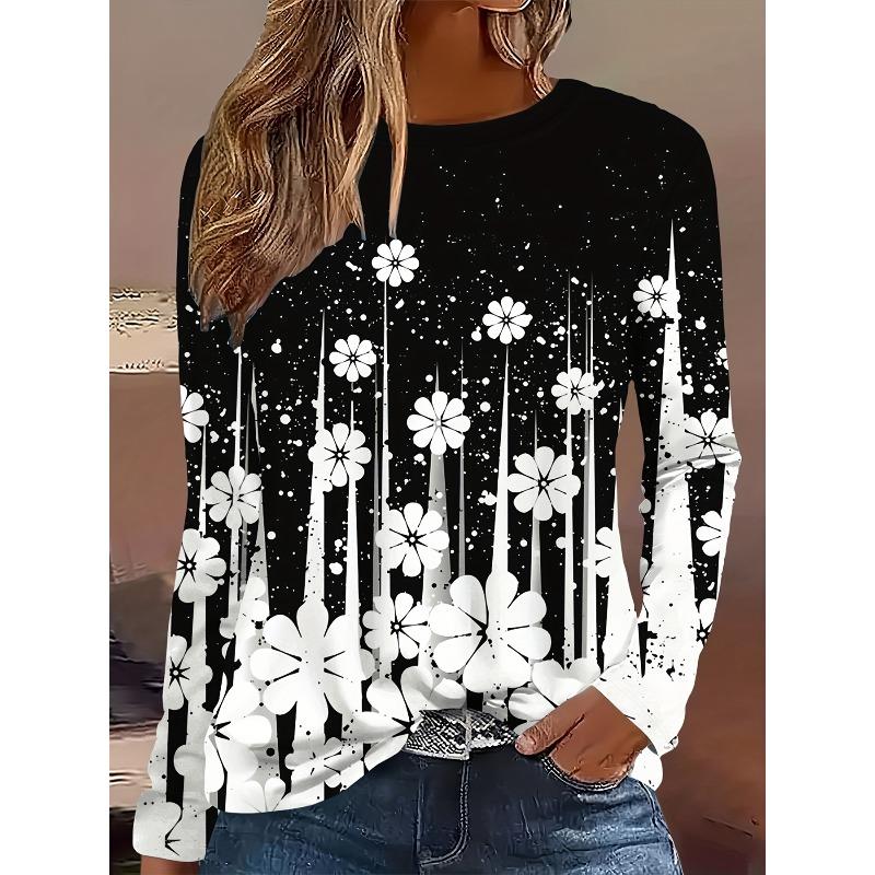 3D Flower Butterfly Pattern Printed Casual Long Sleeved Women's T-shirts - Soft Medium Stretch Polyester Fabric Spring and Autumn Relaxed Fit Clothing