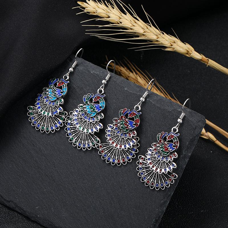 Retro Peacock Open Screen Enamel Earrings Women's Fringed Long Multi-layer Earrings Temperament Versatile Tibetan Silver Earrings