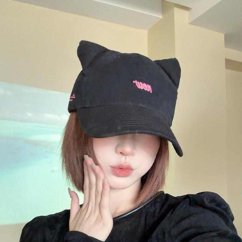 Sweet Cat Ears Baseball Hat for Women Japanese Style Sweet Casual Versatile Wide Brim Big Head Circumference Face Flattering Cap