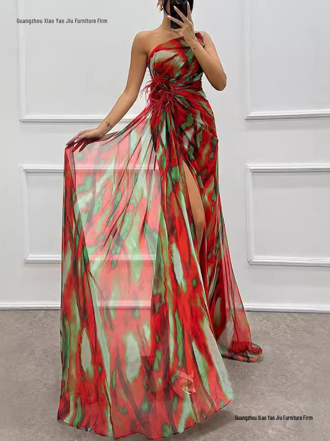 2026 European Chiffon Printed Split Long Casual Party Dress for Women