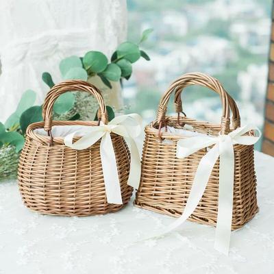 Rattan-Blumenkorb-Handtasche geflochtener Gemüsekorb Stofffutter Weidengeflecht Damen-Tasche im gleichen Stil Sommer Bambus-Rattan-Kunst