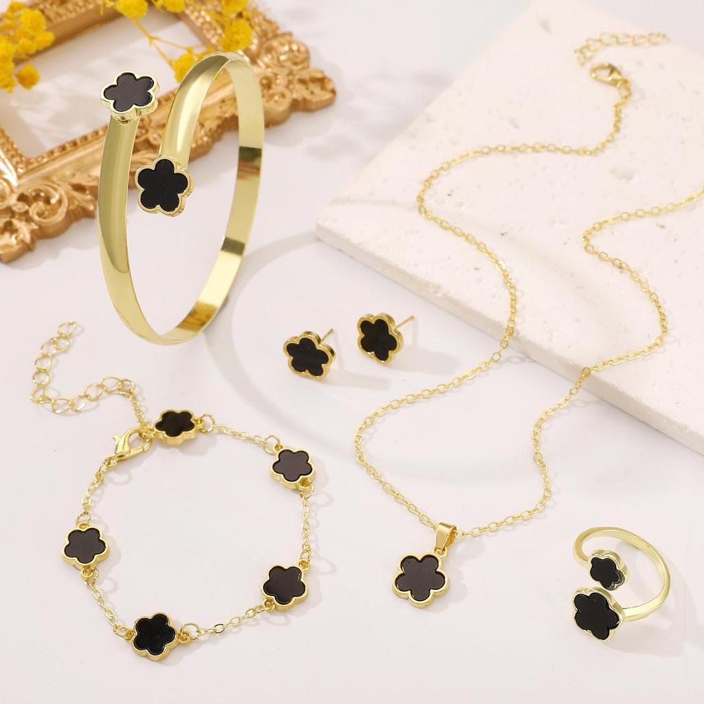 European and American Hot-Selling Lucky Clover Jewelry Set: Five-Leaf Bracelet, Earrings, Necklace & Ring for Women