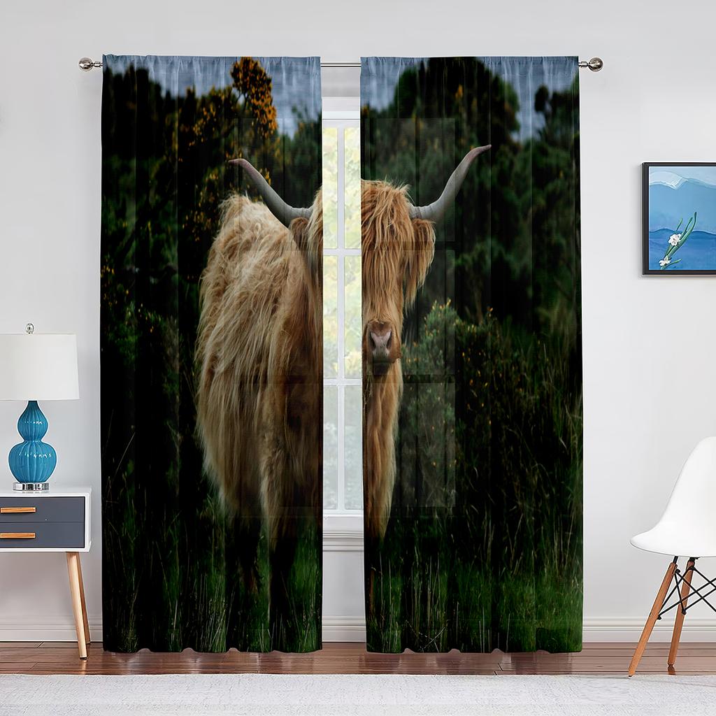 Highland Cow Sheer Voile Curtain Farmhouse Western Cattle Bull Window Tulle Curtains for Living Room Bedroom Kitchen Decoration